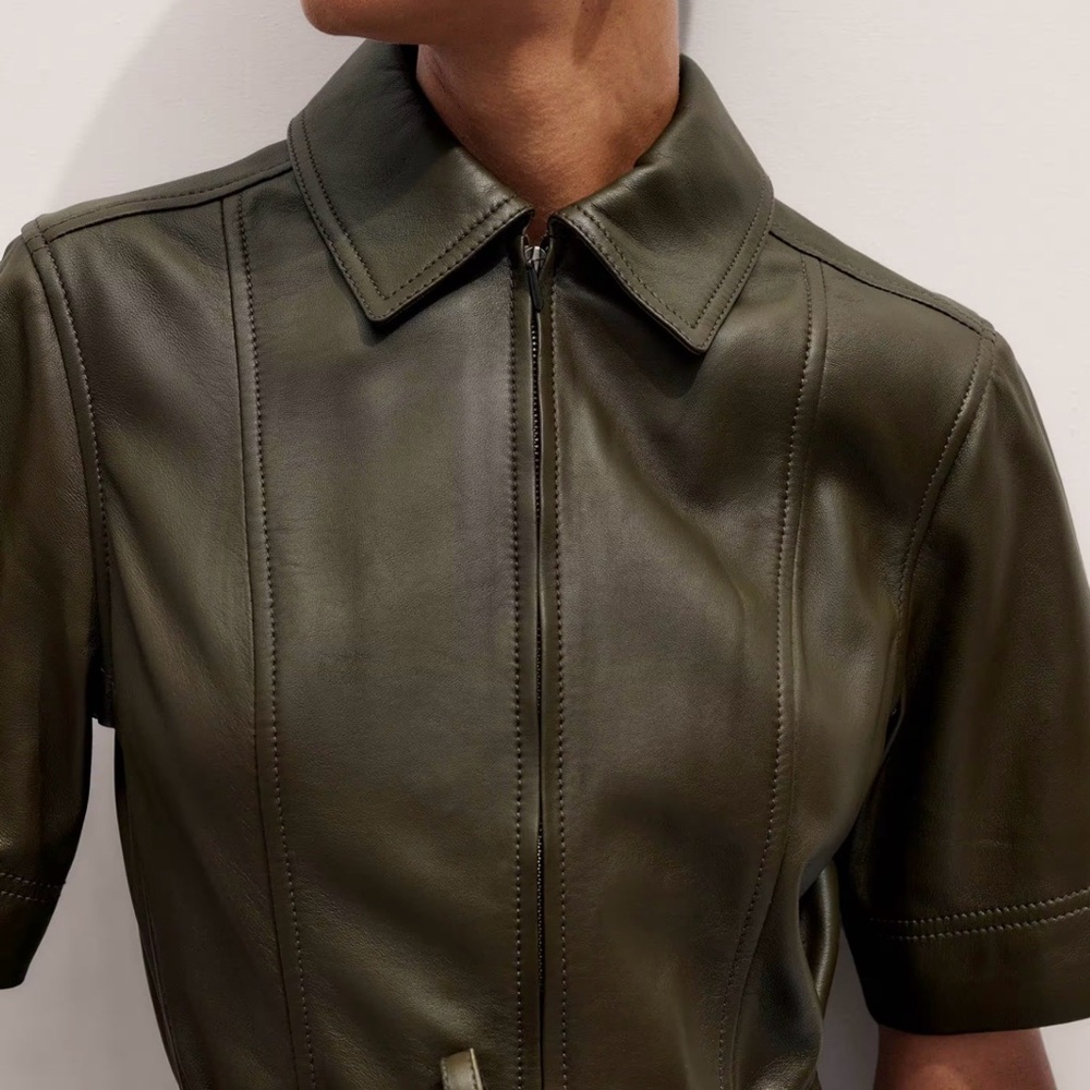 ME+EM Leather Intense Olive Midi Dress w/ Belt-Zip Front Short Sleeve US 8 - Picture 4 of 11